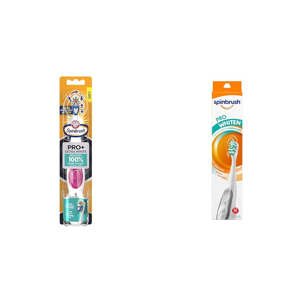 Spinbrush ARM & HAMMER Spinbrush PRO+ Extra White Battery-Operated– Spinbrush Battery Powered Toothbrush Removes 100% More Plaque- Soft Bristles -Batteries Included