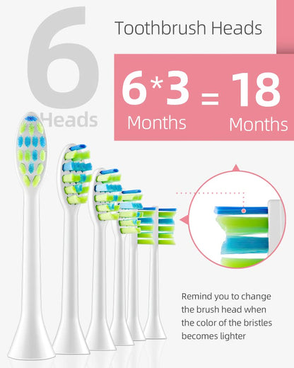 7AM2M Sonic Electric Toothbrush with 6 Brush Heads for Adults and Kids, One Charge for 90 Days, Wireless Fast Charge, 5 Modes with 2 Minutes Built in Smart Timer, Electric Toothbrushes(Pink)