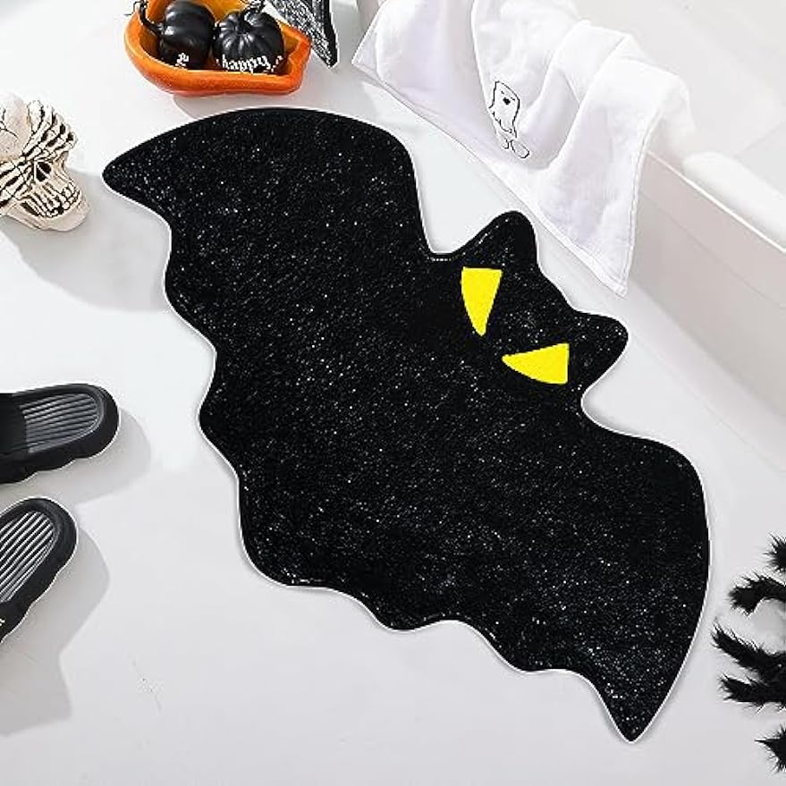 Halloween Bath Mat Irregular Shaped Bat Bathroom Rug for Kids Non-Slip Absorbent Washable Bedside Rug Bedroom Decor Entrance Door Mat for Shower Room and Bathtub Large