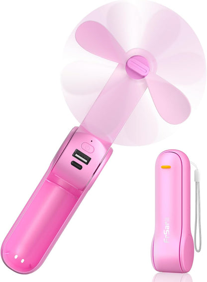 FrSara Portable Handheld Fan Rechargeable, USB Rechargeable Small Pocket Fan, 2000mAh Battery With Power Bank, Upgraded Long Battery Life, Three-Speed, Suitable for Women Outdoors and Travel