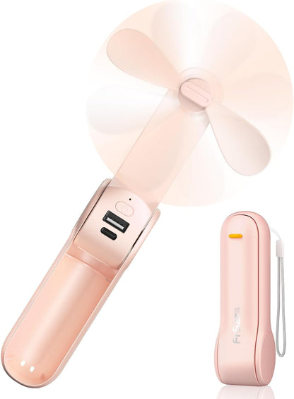 FrSara Portable Handheld Fan Rechargeable, USB Rechargeable Small Pocket Fan, 2000mAh Battery With Power Bank, Upgraded Long Battery Life, Three-Speed, Suitable for Women Outdoors and Travel