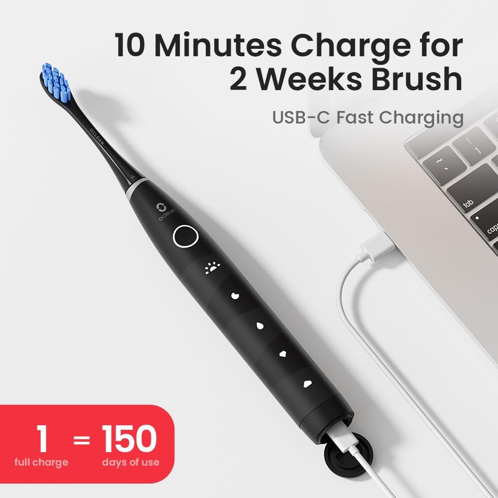 Oclean Electric Toothbrush for Adults, 150 Days Battery Life Electric Toothbrush, USB Rechargeable Sonic Travel Toothbrush with 6 Brush Heads & Travel Case, 5 Modes and Smart Timer