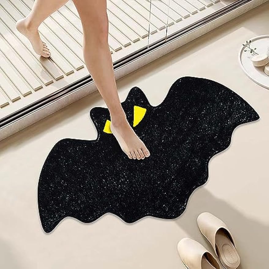 Halloween Bath Mat Irregular Shaped Bat Bathroom Rug for Kids Non-Slip Absorbent Washable Bedside Rug Bedroom Decor Entrance Door Mat for Shower Room and Bathtub Large