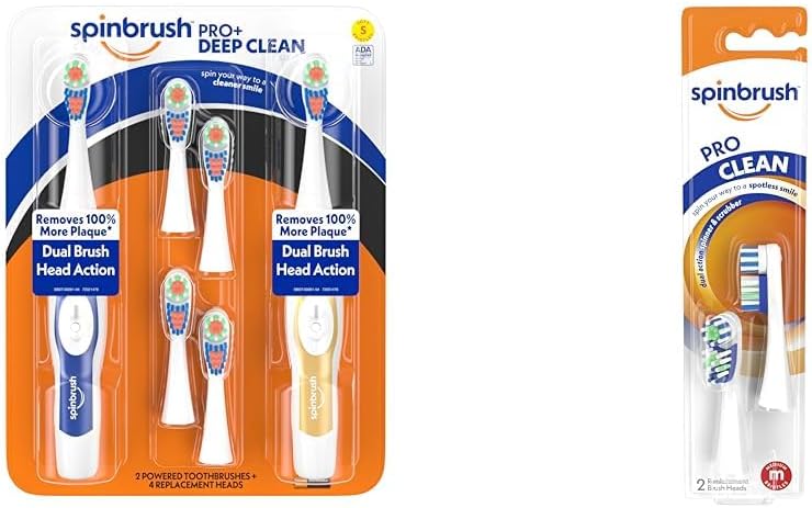 Spinbrush Pro+ Deep Clean Value Pack, Battery Toothbrush for Adults, 2 Brushes & 4 Replacement Heads