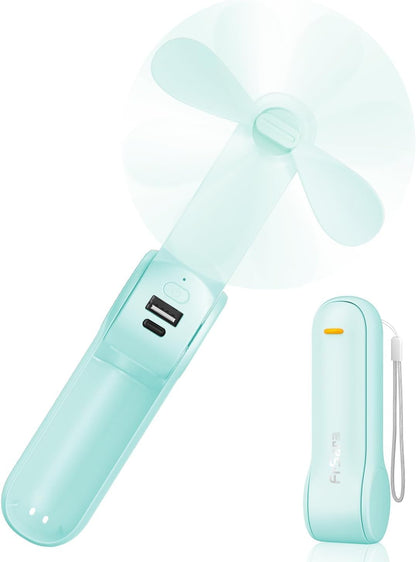 FrSara Portable Handheld Fan Rechargeable, USB Rechargeable Small Pocket Fan, 2000mAh Battery With Power Bank, Upgraded Long Battery Life, Three-Speed, Suitable for Women Outdoors and Travel