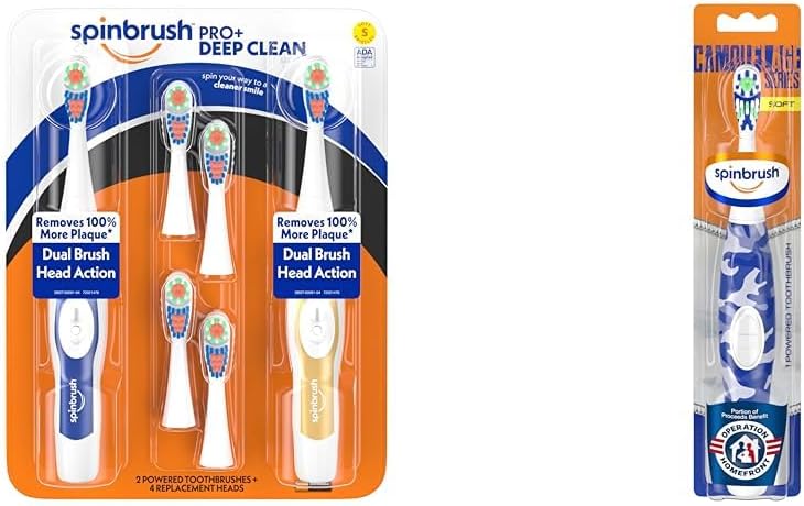 Spinbrush Pro+ Deep Clean Value Pack, Battery Toothbrush for Adults, 2 Brushes & 4 Replacement Heads