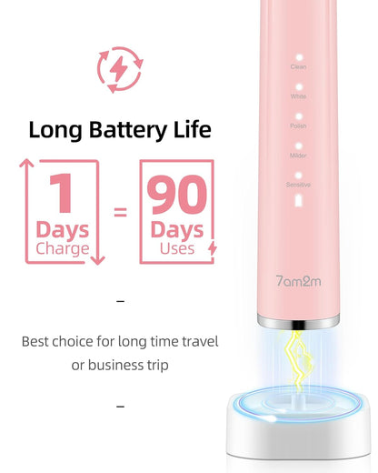 7AM2M Sonic Electric Toothbrush with 6 Brush Heads for Adults and Kids, One Charge for 90 Days, Wireless Fast Charge, 5 Modes with 2 Minutes Built in Smart Timer, Electric Toothbrushes(Pink)