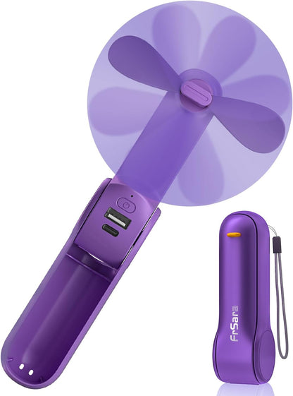 FrSara Portable Handheld Fan Rechargeable, USB Rechargeable Small Pocket Fan, 2000mAh Battery With Power Bank, Upgraded Long Battery Life, Three-Speed, Suitable for Women Outdoors and Travel