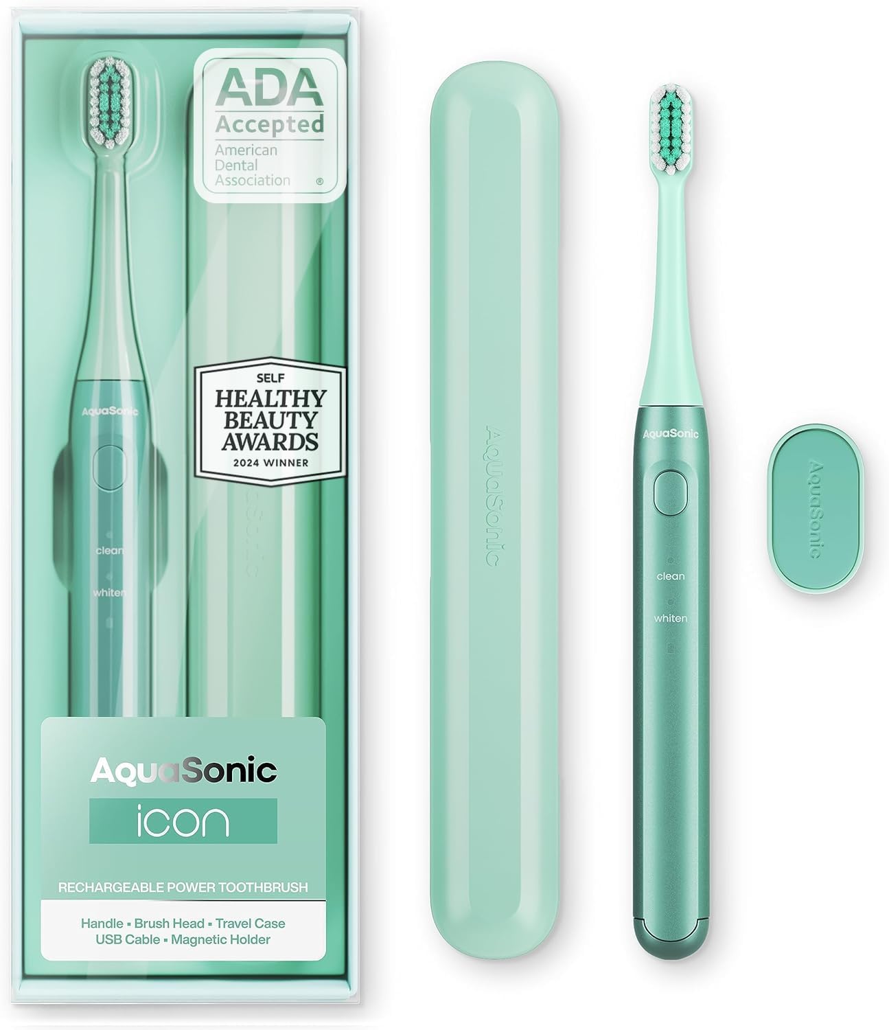 Aquasonic Icon ADA-Accepted Rechargeable Toothbrush | Magnetic Holder & Slim Travel Case | 2 Brushing Modes & Smart Timers | Gentle Micro-Vibrations (Mint)