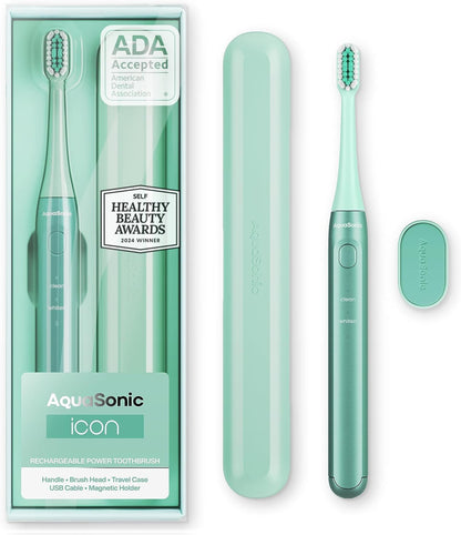 Aquasonic Icon ADA-Accepted Rechargeable Toothbrush | Magnetic Holder & Slim Travel Case | 2 Brushing Modes & Smart Timers | Gentle Micro-Vibrations (Mint)