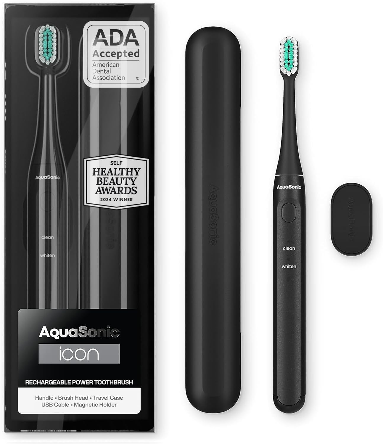 Aquasonic Icon ADA-Accepted Rechargeable Toothbrush | Magnetic Holder & Slim Travel Case | 2 Brushing Modes & Smart Timers | Gentle Micro-Vibrations (Mint)