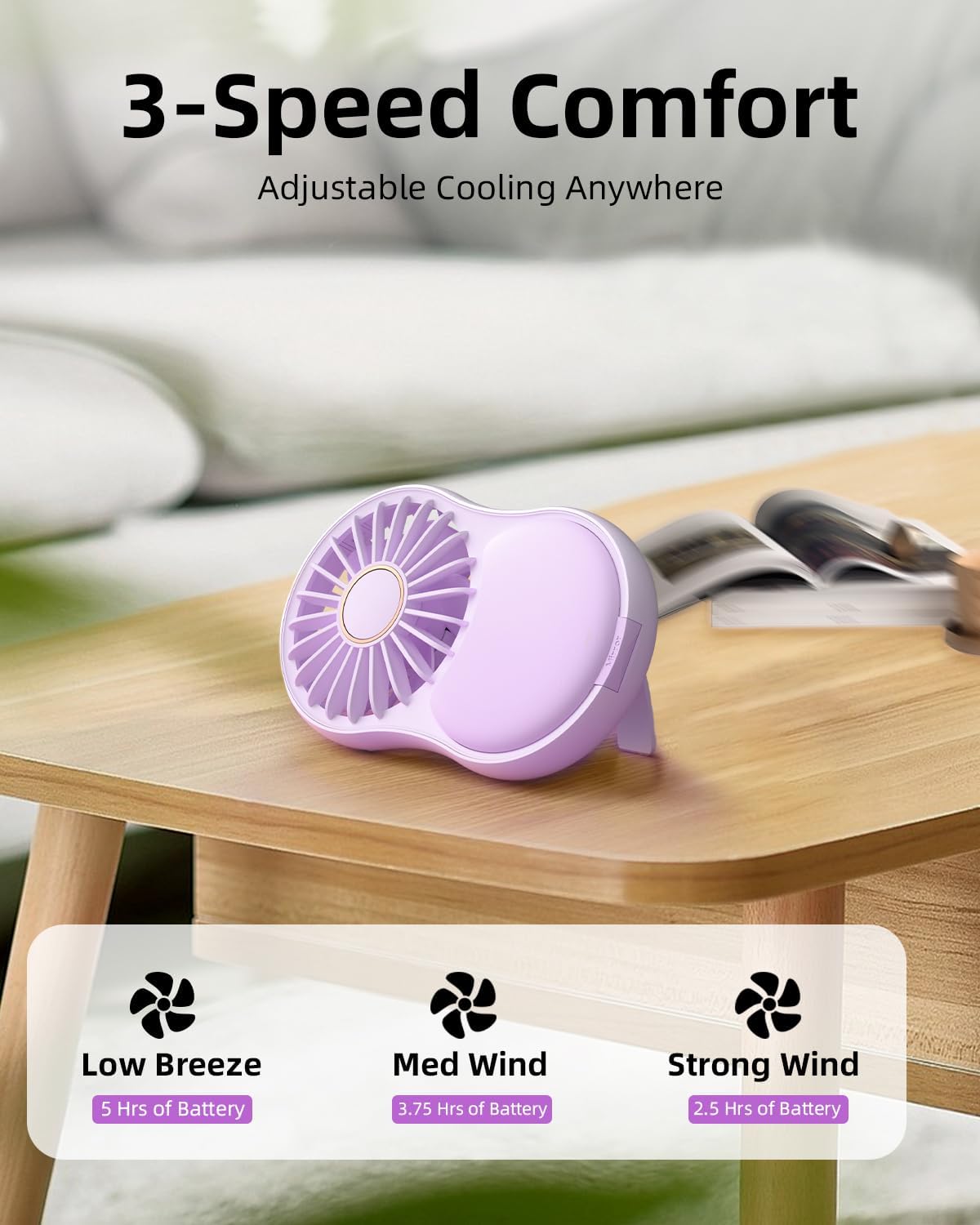 FrSara Portable Handheld Fan, 3-Speed Lash Fan with Makeup Mirror & LED, USB-C 2000mAH Rechargeable Personal Fan with stand, Mini Pocket Fan for Home, Office, Outdoor, Ideal for Women, Purple