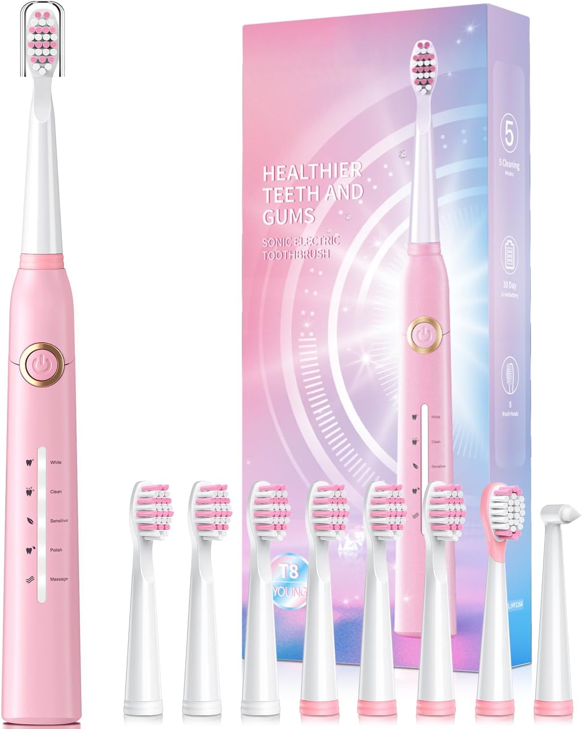 Electric Toothbrush for Adults with 8  , Sonic Electric Toothbrush with 40000 VPM Deep Clean 5 Modes, Rechargeable Toothbrushes Fast Charge 4 Hours Last 30 Days