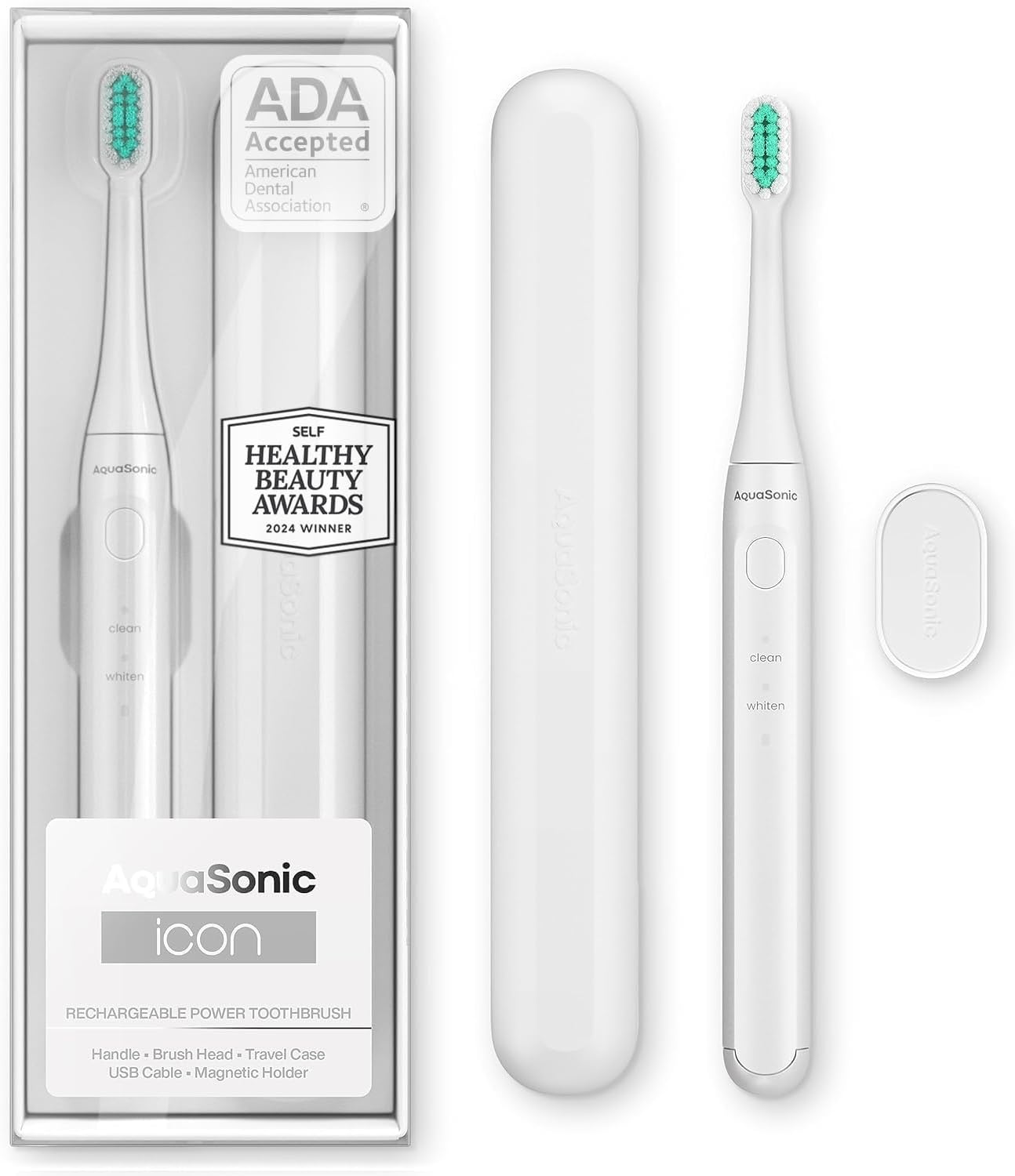 Aquasonic Icon ADA-Accepted Rechargeable Toothbrush | Magnetic Holder & Slim Travel Case | 2 Brushing Modes & Smart Timers | Gentle Micro-Vibrations (Mint)