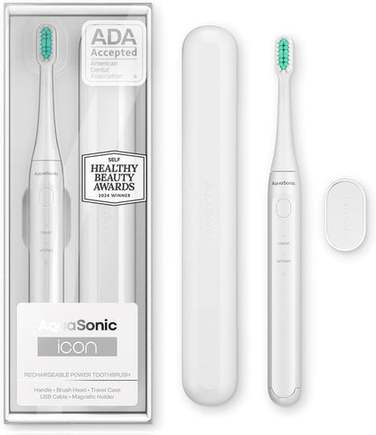 Aquasonic Icon ADA-Accepted Rechargeable Toothbrush | Magnetic Holder & Slim Travel Case | 2 Brushing Modes & Smart Timers | Gentle Micro-Vibrations (Mint)