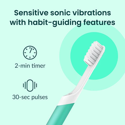 Quip Sonic Toothbrush for Adults - Timed Electric Toothbrush with Cover - Replaceable Brush Head, Soft Bristles, Plastic Handle, 3 Month Battery Life - Travel Toothbrush - Green