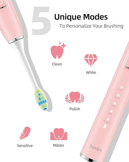 7AM2M Sonic Electric Toothbrush with 6 Brush Heads for Adults and Kids, One Charge for 90 Days, Wireless Fast Charge, 5 Modes with 2 Minutes Built in Smart Timer, Electric Toothbrushes(Pink)