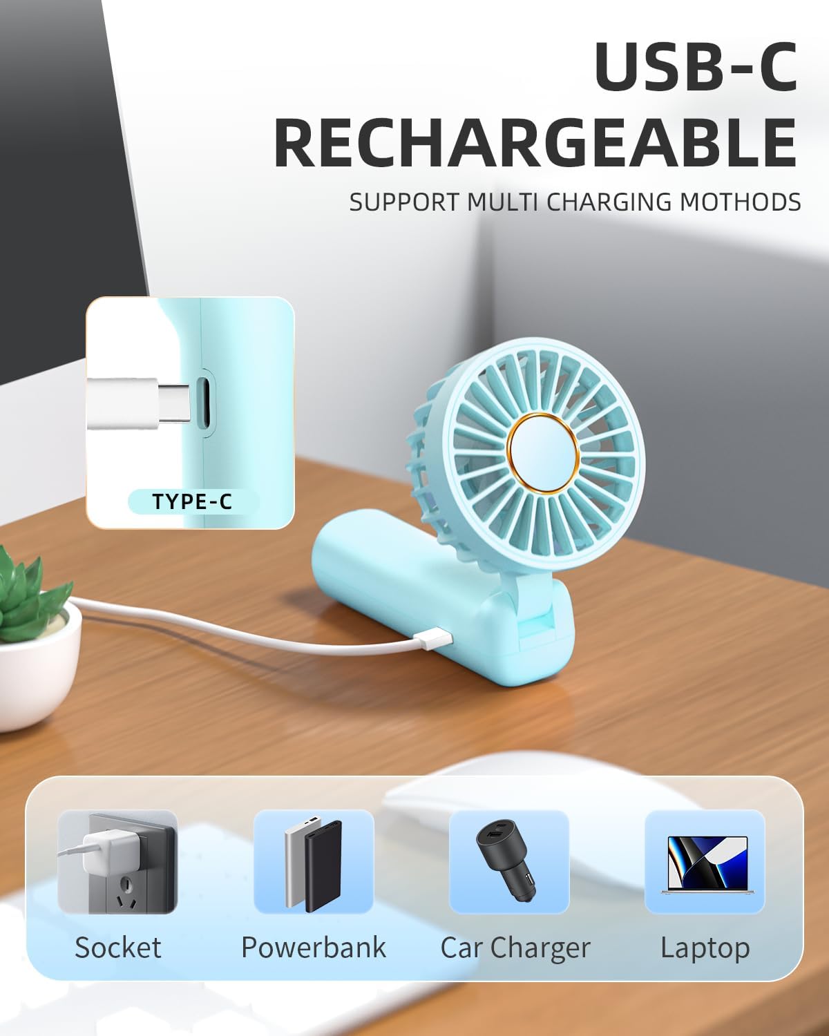 FrSara Portable Handheld Fan, Neck Fan, Mini Desk Fan, Multi-Function Fan, 2000mAh Ultra-Long Battery Life, Ultra-Quiet, 3-Speed Visual Adjustment, USB Can Charge Mobile Phones