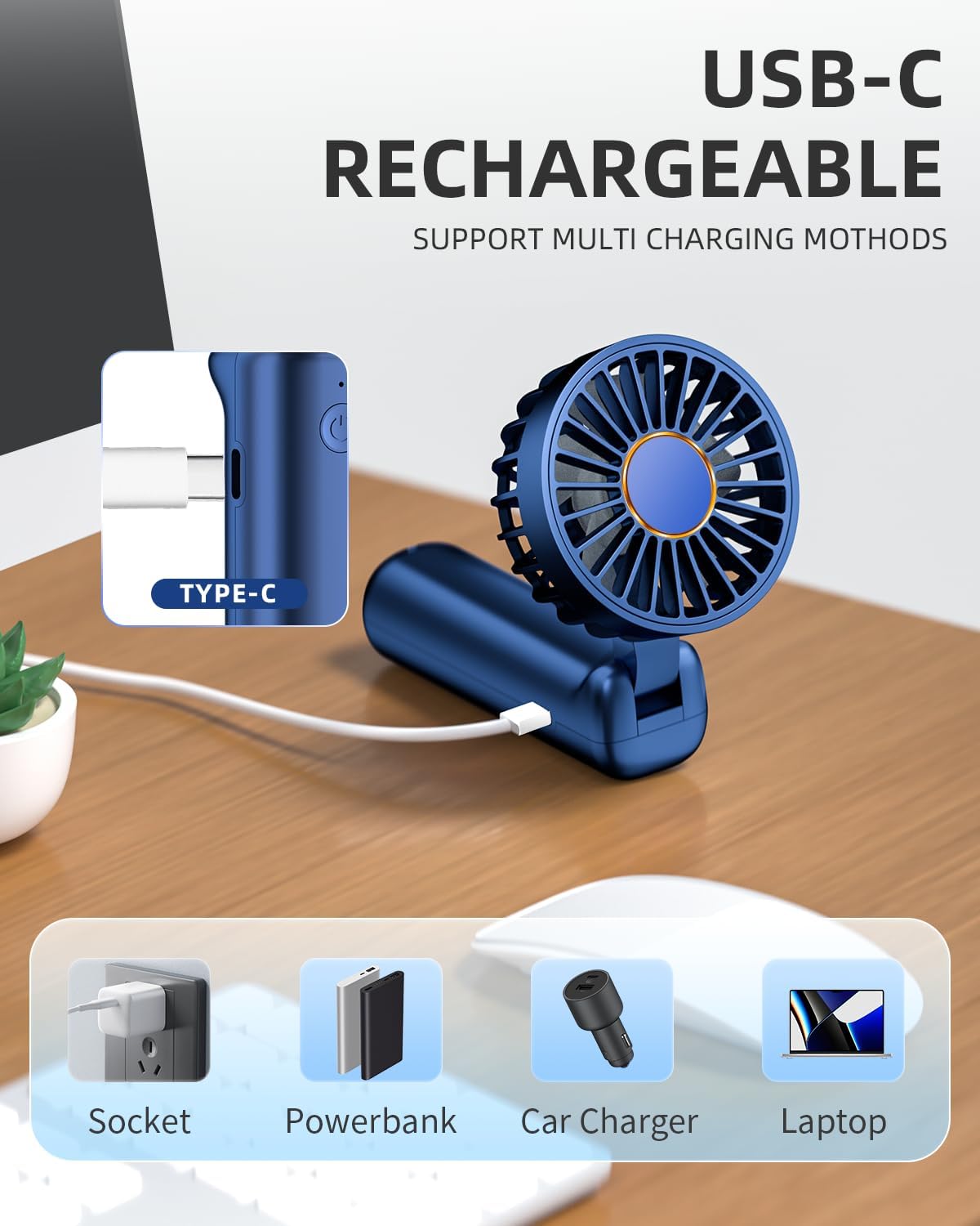 FrSara Portable Handheld Fan, Mini Desk Fan, Multi-Function Fan, 2000mAh Ultra-Long Battery Life, Ultra-Quiet, 3-Speed Adjustment(Blue)