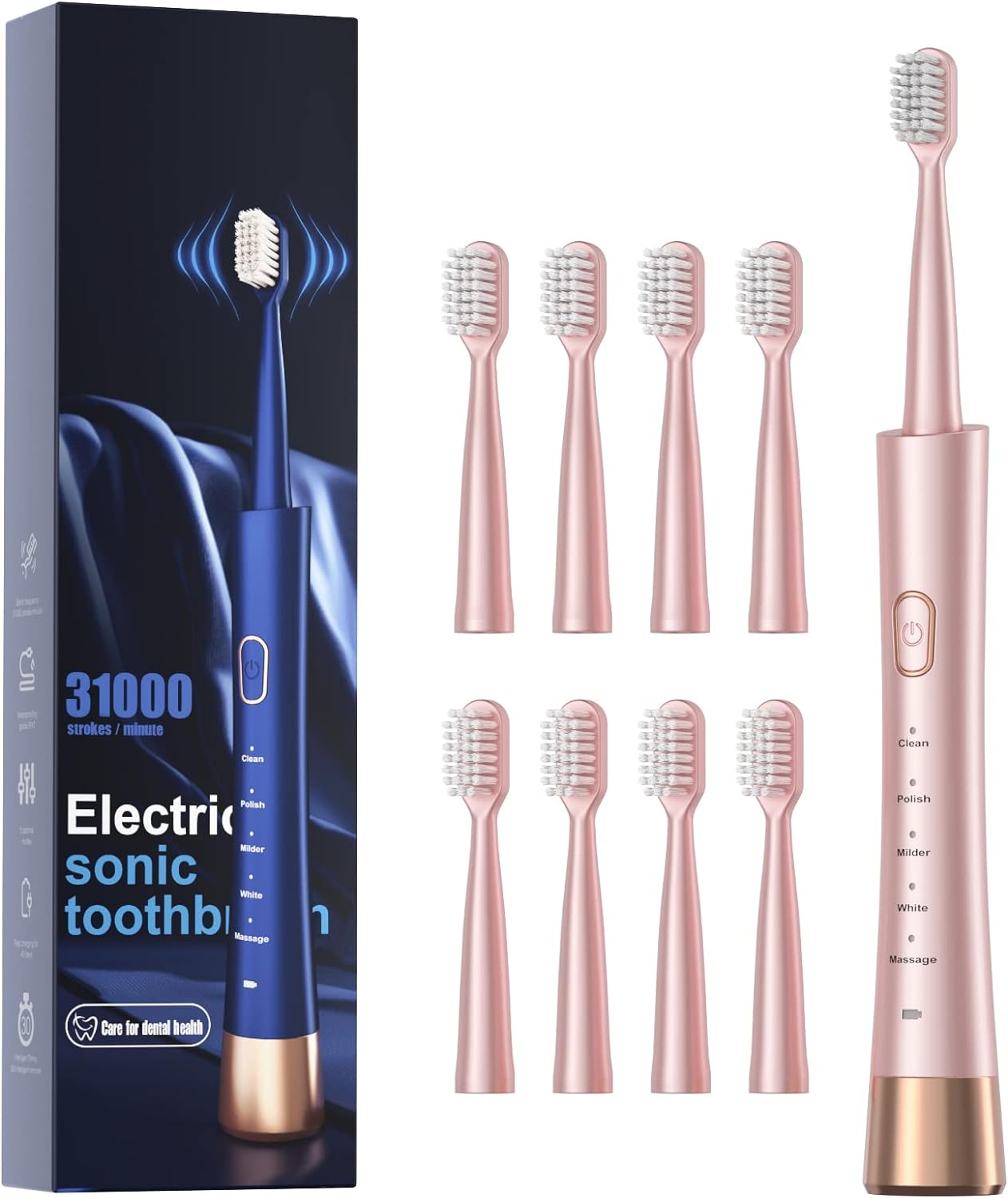 Sonic Electric Toothbrush for Adults, USB Rechargeable Sonic Toothbrush with 8 Brush Heads, Smart Timer, 5 Modes, 2-hour Fast Charge Last 30 Days, Pink