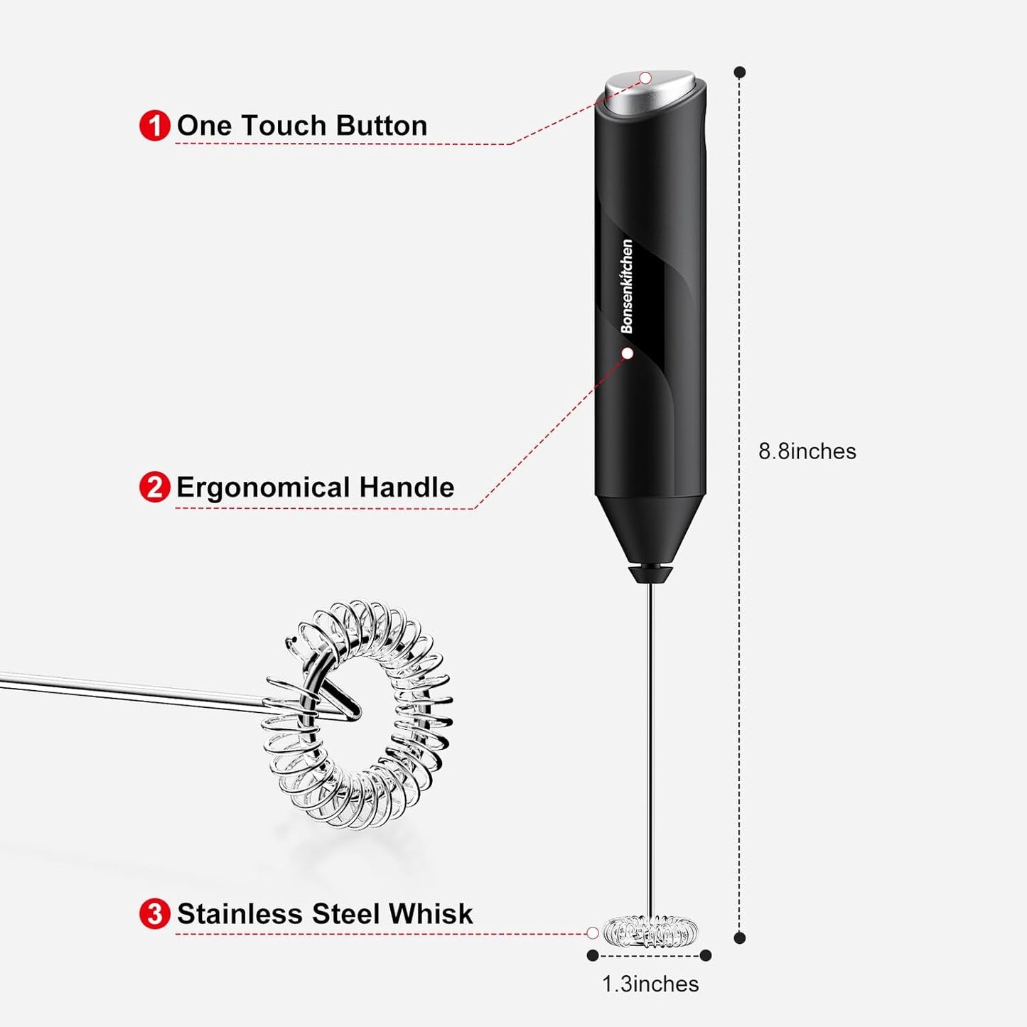 Bonsenkitchen Milk Frother Handheld, Electric Foam Maker with Stainless Steel Whisk, Hand Drink Mixer for Coffee, Lattes, Cappuccino, Matcha, Battery Operated, Stirrer Coffee Wand