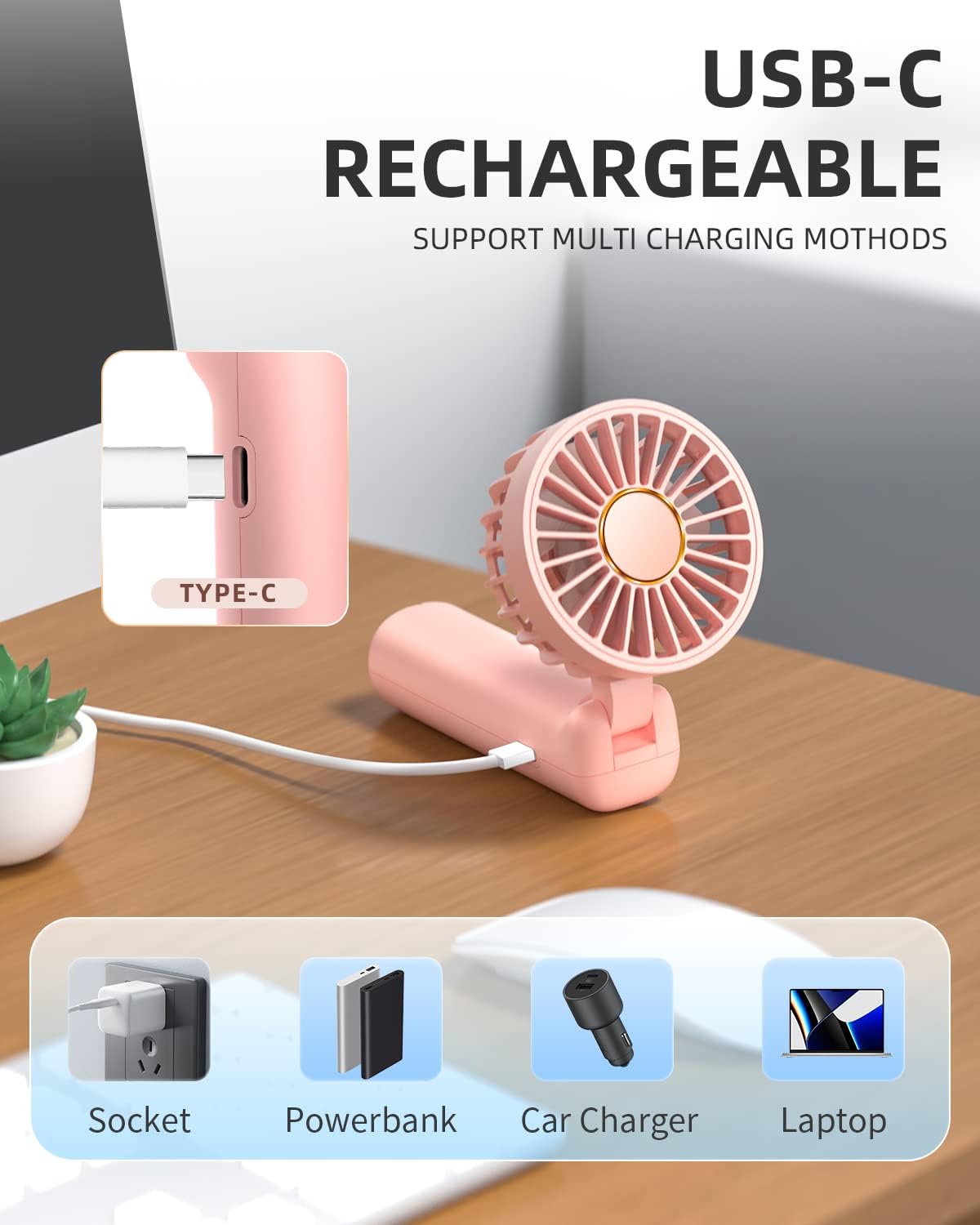 FrSara Mini Handheld Fan Rechargeable, Small Folding Fan Upgraded Wind Power, 3-Speed, 2000mAh Long Battery Life, Power Bank, Quiet, Portable, Suitable for Outdoor Travel Pink