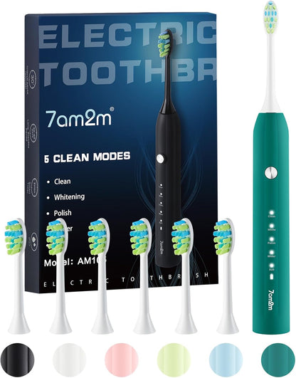 7AM2M Sonic Electric Toothbrush for Adults and Kids, with 6 Brush Heads, 5 Modes with 2 Minutes Build in Smart Timer, Roman Column Handle Design (Light Green, 1 Count (Pack of 1))