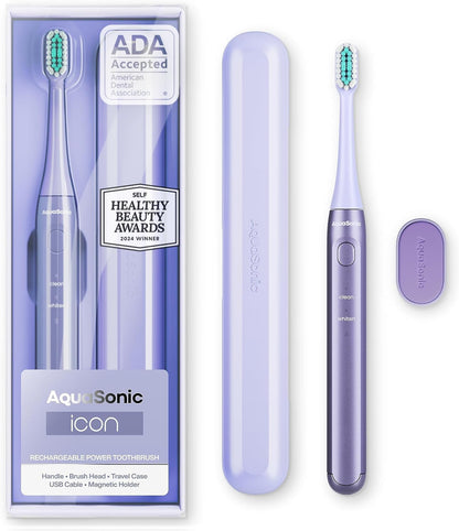 Aquasonic Icon ADA-Accepted Rechargeable Toothbrush | Magnetic Holder & Slim Travel Case | 2 Brushing Modes & Smart Timers | Gentle Micro-Vibrations (Mint)