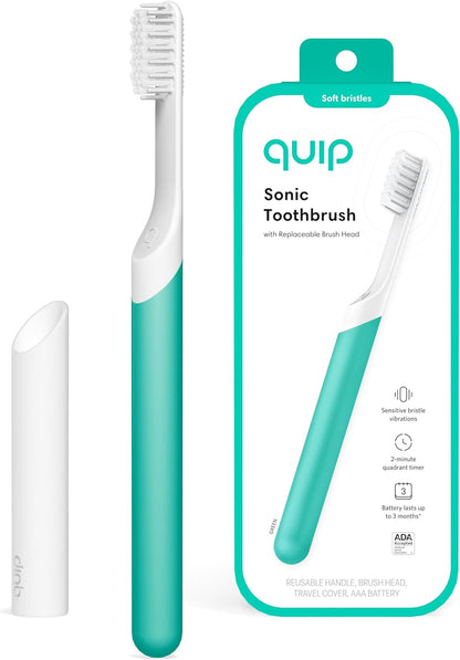 Quip Sonic Toothbrush for Adults - Timed Electric Toothbrush with Cover - Replaceable Brush Head, Soft Bristles, Plastic Handle, 3 Month Battery Life - Travel Toothbrush - Green