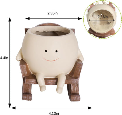 Smily Face Planter Pot Cute Resin Flower Head Planters for Indoor Outdoor Unique Sit Rocking Chair Succulent Pots Gift IdeaI for Mother and Appreciation Christmas with Drainage Hole