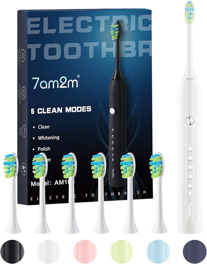 7AM2M Sonic Electric Toothbrush for Adults and Kids, with 6 Brush Heads, 5 Modes with 2 Minutes Build in Smart Timer, Roman Column Handle Design (Light Green, 1 Count (Pack of 1))