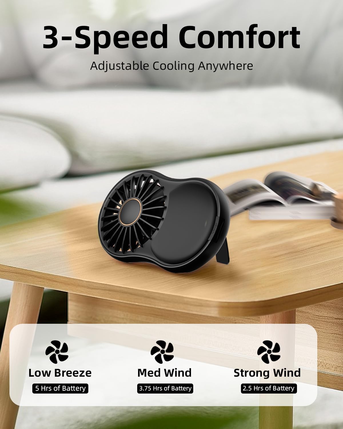 FrSara Portable Handheld Fan - Face Fan for Skincare with 3-Speed, USB-C 2000mAH Rechargeable Travel Fan, Mini Makeup Fan for Home, Office, Outdoor, Ideal for Women, Black