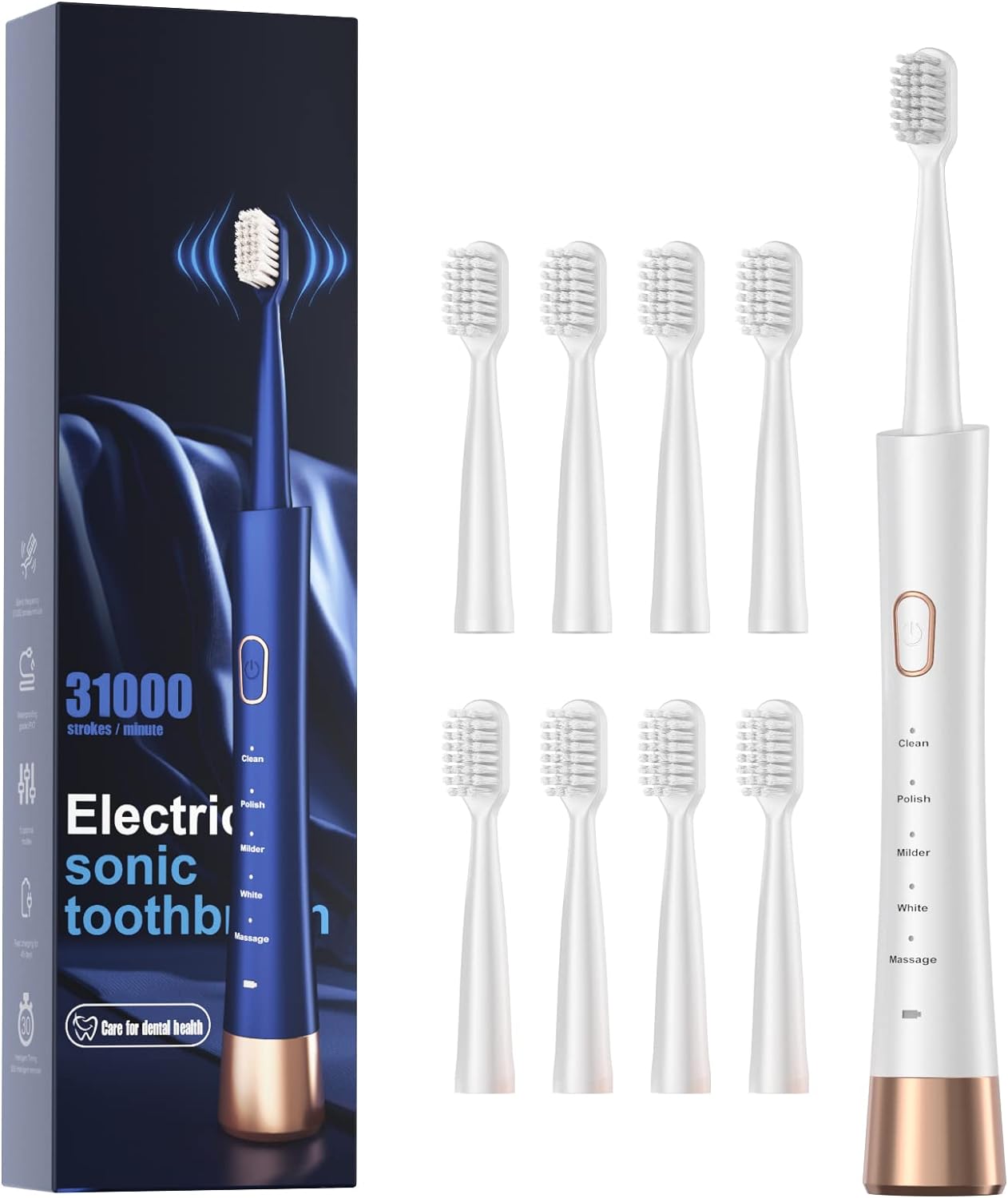 Sonic Electric Toothbrush for Adults, USB Rechargeable Sonic Toothbrush with 8 Brush Heads, Smart Timer, 5 Modes, 2-hour Fast Charge Last 30 Days, Pink