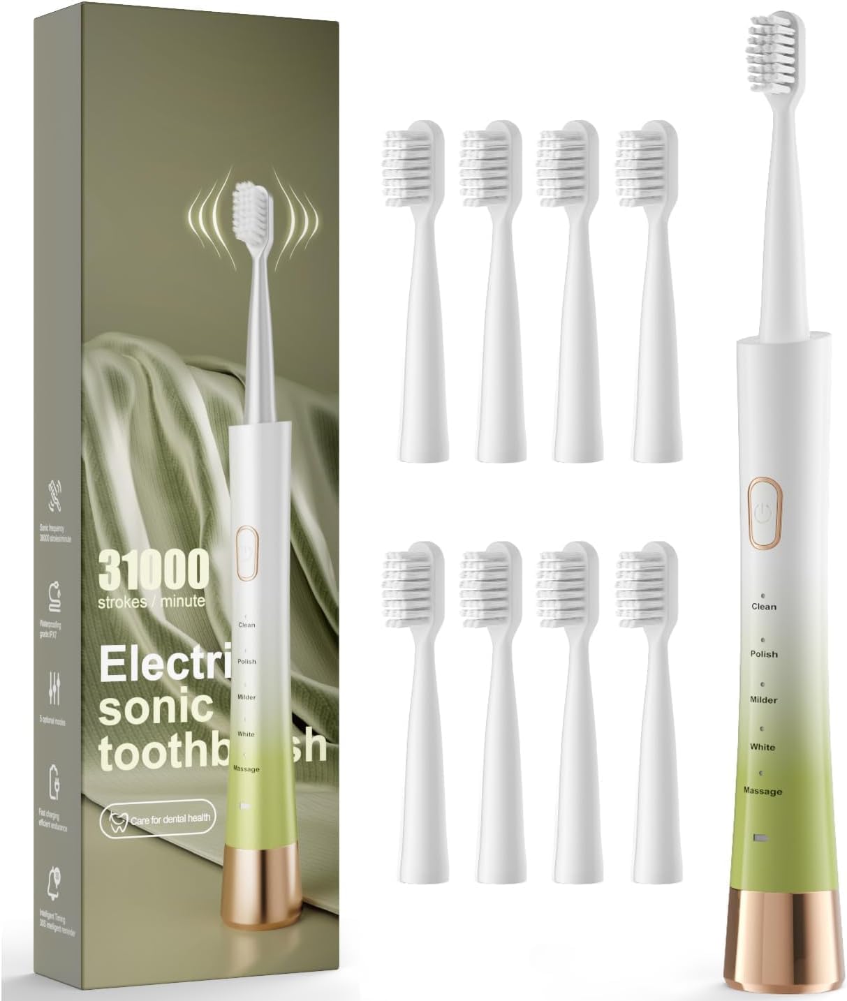 Sonic Electric Toothbrush for Adults, USB Rechargeable Sonic Toothbrush with 8 Brush Heads, Smart Timer, 5 Modes, 2-hour Fast Charge Last 30 Days, Pink