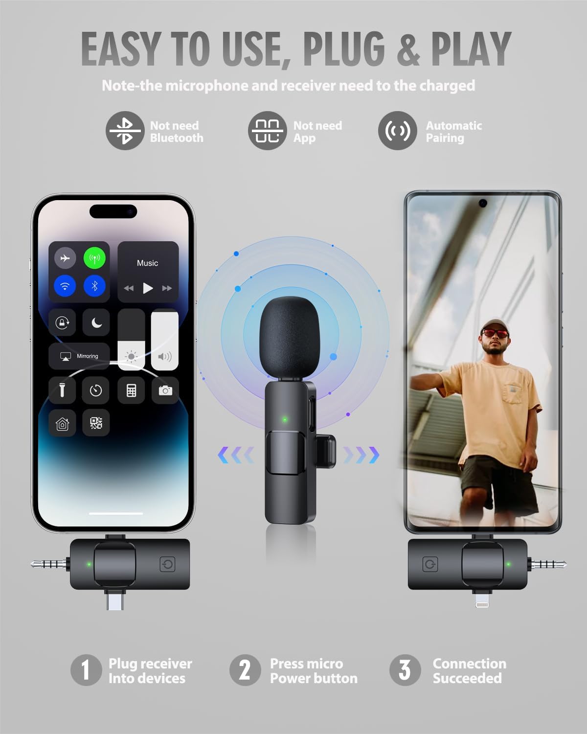 PQRQP 3 in 1 Wireless Microphone for iPhone, Android, Camera, USB-C Microphone, Wireless Lavalier Microphone, Mini Microphone, Noise Canceling Lapel Mic for Interview Video Podcast Vlog YouTube