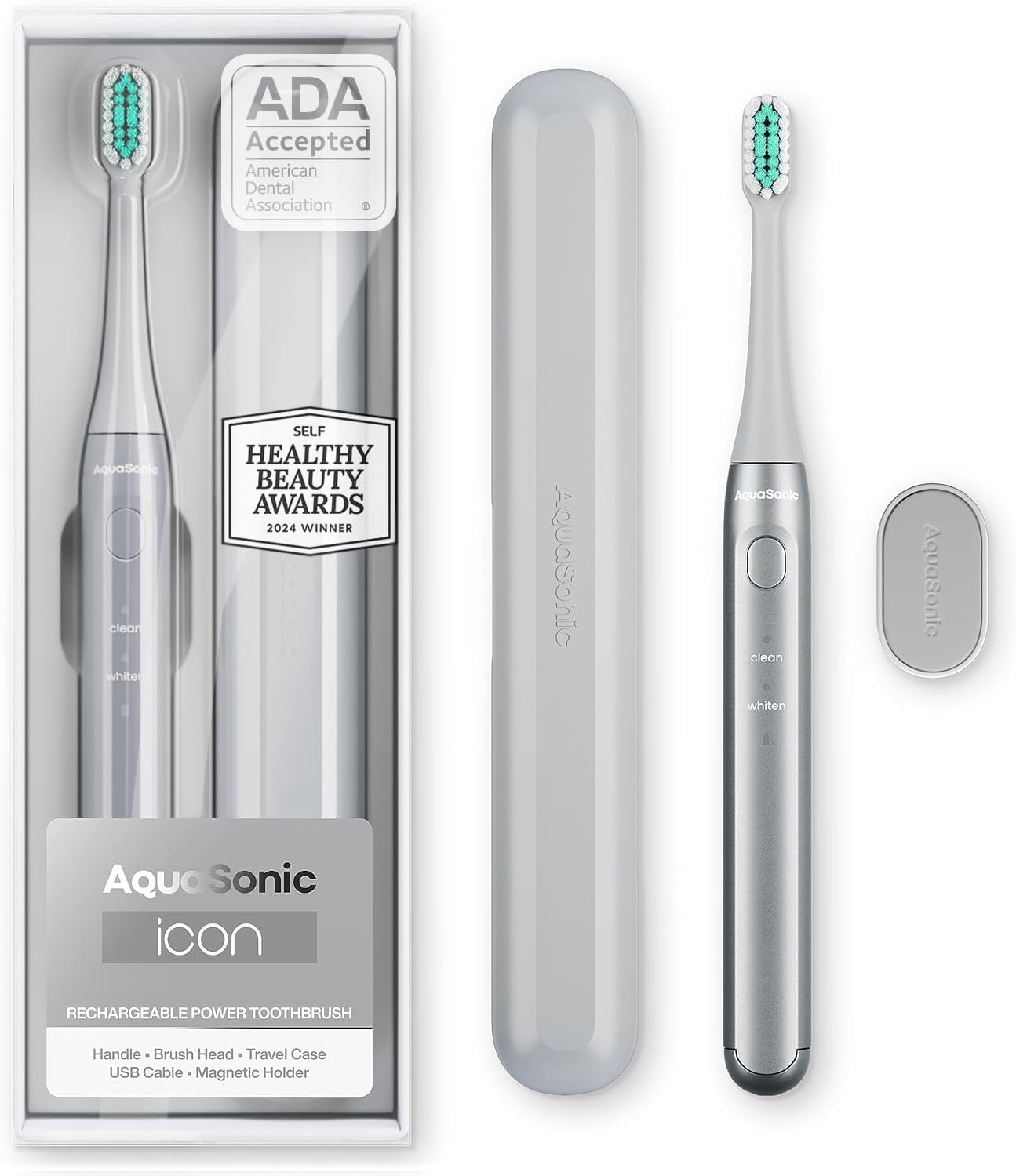 Aquasonic Icon ADA-Accepted Rechargeable Toothbrush | Magnetic Holder & Slim Travel Case | 2 Brushing Modes & Smart Timers | Gentle Micro-Vibrations (Mint)