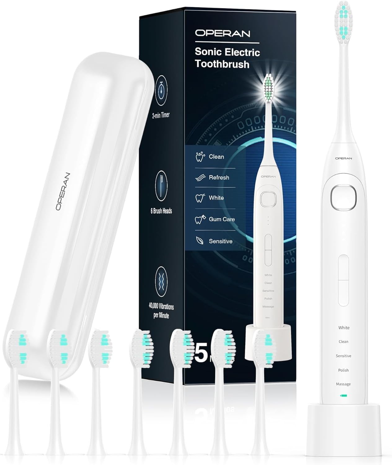 Operan Electric Toothbrush for Adults and Kids Rechargeable Sonic Toothbrush with 5 Modes 2-Min Smart Timer IPX7 Waterproof 40,000 VPM Motor with 8 Brush Heads & Travel Case (White)