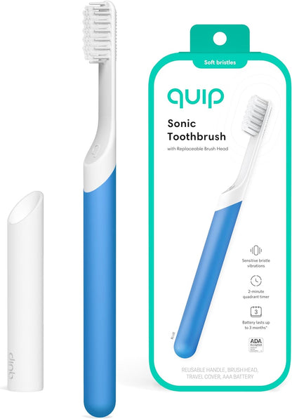 Quip Sonic Toothbrush for Adults - Timed Electric Toothbrush with Cover - Replaceable Brush Head, Soft Bristles, Plastic Handle, 3 Month Battery Life - Travel Toothbrush - Green