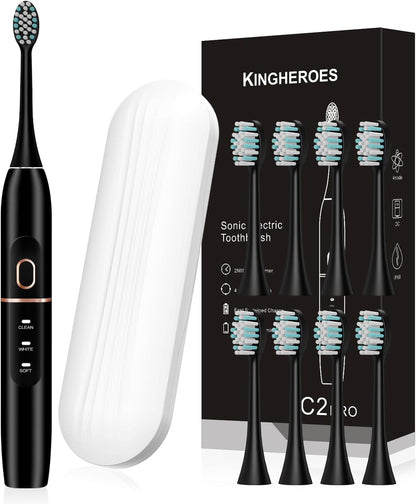 Electric Toothbrush Set, Comes with 8 Brush Heads & Travel Case,4 Modes with 2 Minutes Built in Smart Timer, One Charge for 60 Days, 42000 VPM Motor (Black)