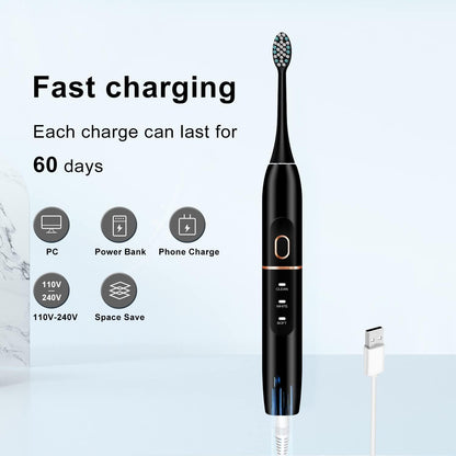 Electric Toothbrush Set, Comes with 8 Brush Heads & Travel Case,4 Modes with 2 Minutes Built in Smart Timer, One Charge for 60 Days, 42000 VPM Motor (Black)