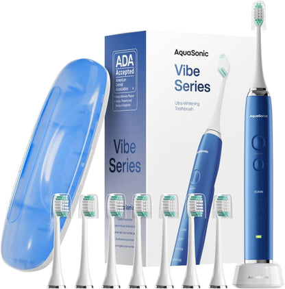 Aquasonic Vibe Series Ultra-Whitening Toothbrush – ADA Accepted Electric Toothbrush - 8 Brush Heads & Travel Case – 40,000 VPM Motor & Wireless Charging - 4 Modes w Smart Timer – Satin Rose Gold