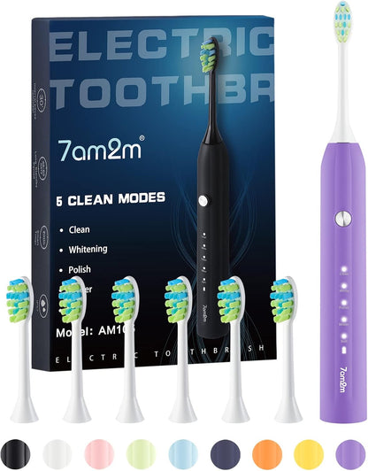 7AM2M Sonic Electric Toothbrush for Adults and Kids, with 6 Brush Heads, 5 Modes with 2 Minutes Build in Smart Timer, Roman Column Handle Design (Light Green, 1 Count (Pack of 1))