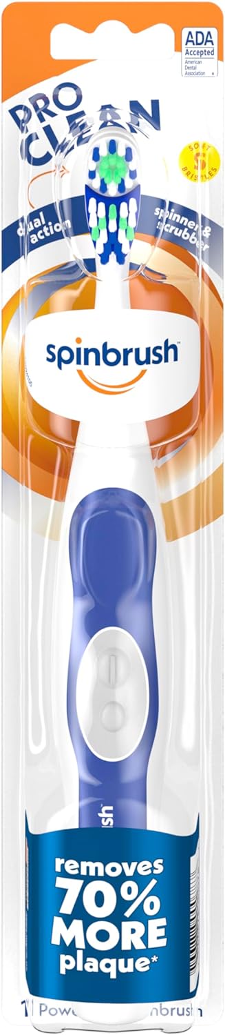 Spinbrush PRO CLEAN Battery Powered Toothbrush, Soft Bristles, 1 Count, Gold or Blue Color May Vary