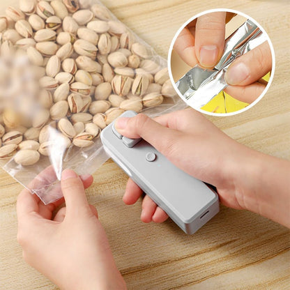 Mini Handleld Chip Bag Sealer,2 in 1 Rechargeable Mini Bag Sealer with Cutter And Magnet,Household Portable Small Vacuum Sealer for Plastic Bags,Snack Bags (Gray)