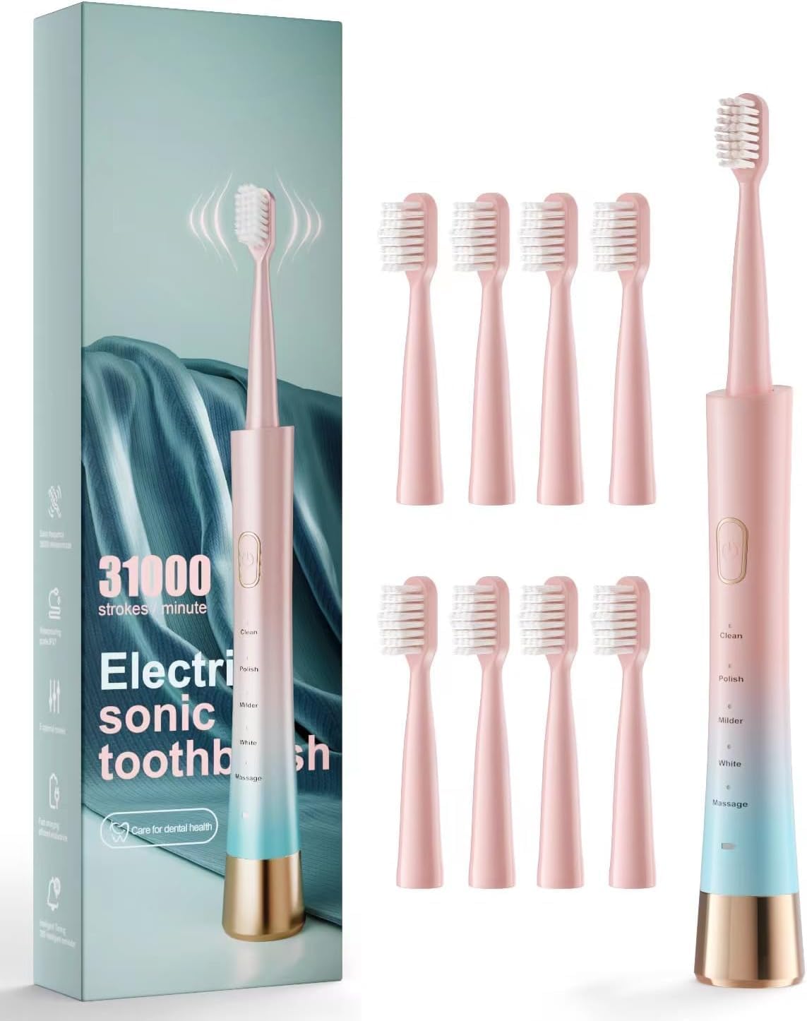 Sonic Electric Toothbrush for Adults, USB Rechargeable Sonic Toothbrush with 8 Brush Heads, Smart Timer, 5 Modes, 2-hour Fast Charge Last 30 Days, Pink