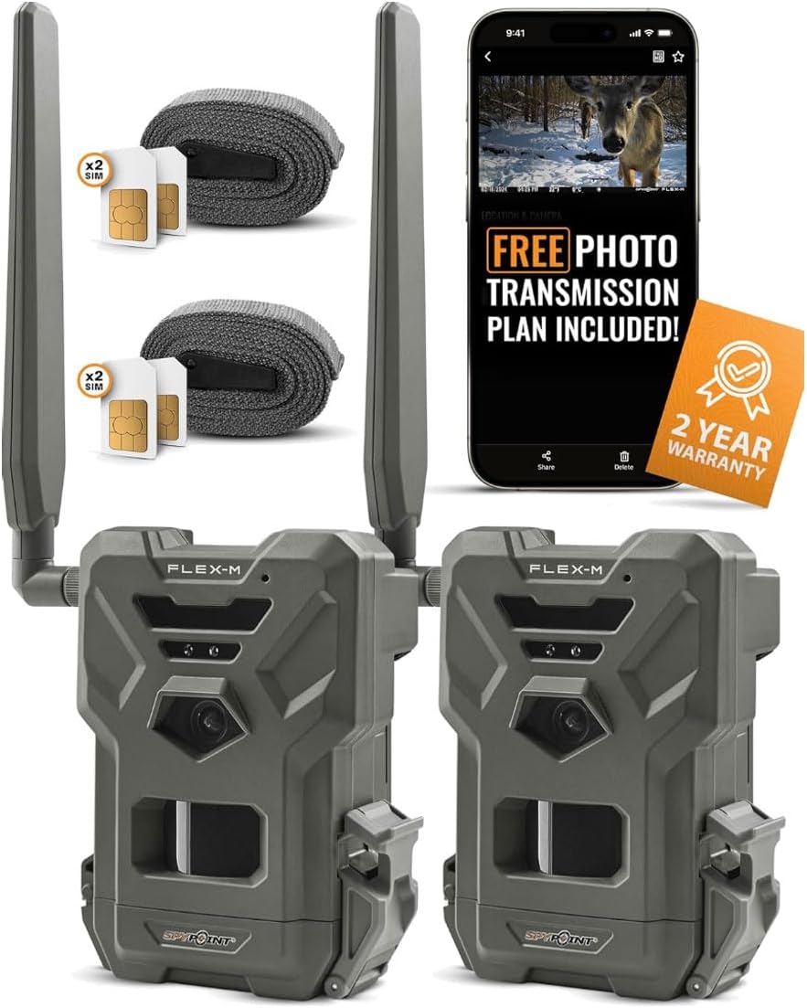 SPYPOINT FLEX-M Twin Pack Cellular Trail Cameras - Best Value in Hunting Accessories, No WiFi Needed, GPS, Night Vision, Dual-Sim LTE, IP65 Water-Resistant, 28MP Photos, 720p Videos + Sound (2)