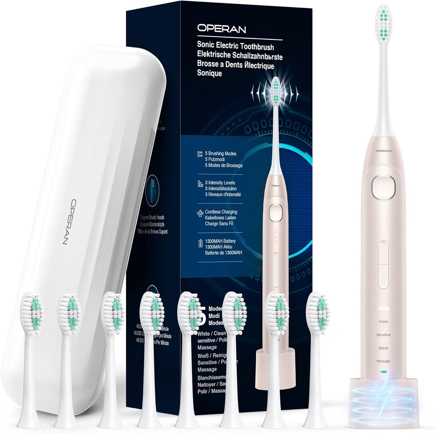 Operan Electric Toothbrush for Adults and Kids Rechargeable Sonic Toothbrush with 5 Modes 2-Min Smart Timer IPX7 Waterproof 40,000 VPM Motor with 8 Brush Heads & Travel Case (White)