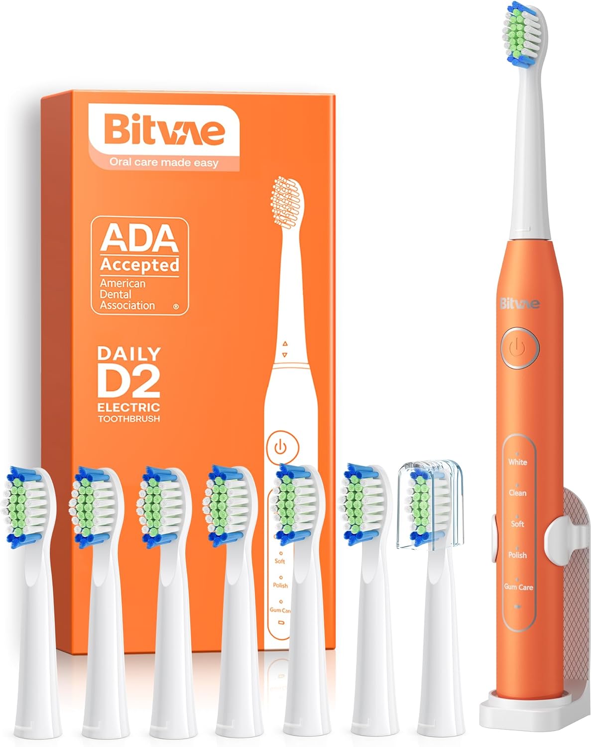 Bitvae Electric Toothbrush for Adults - Ultrasonic Electric Toothbrushes with 8 Brush Heads, ADA Accepted Power Rechargeable Toothbrush with 5 Modes, Smart Timer, Black D2