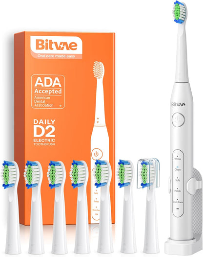 Bitvae Electric Toothbrush for Adults - Ultrasonic Electric Toothbrushes with 8 Brush Heads, ADA Accepted Power Rechargeable Toothbrush with 5 Modes, Smart Timer, Black D2