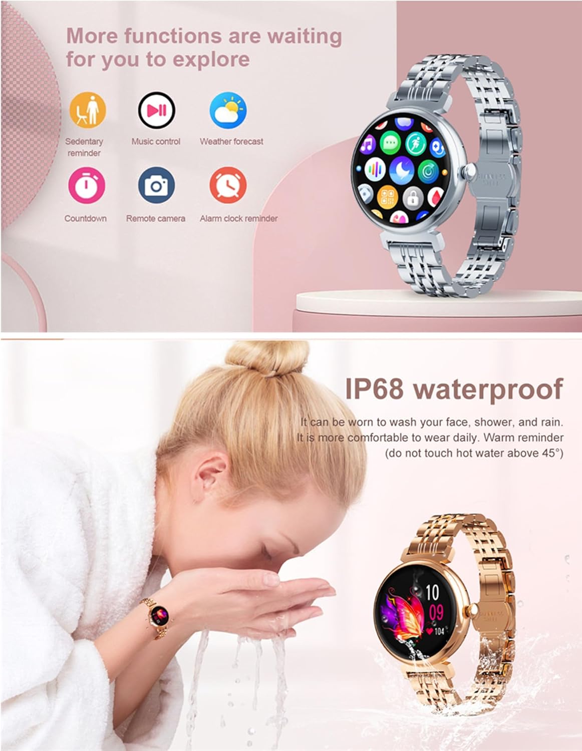 Smart Watch for Women Call Receive/Dial, 1.04'' AMOLED Touchscreen Fitness Tracker with Heart Rate/BP//SpO2/Sleep Monitor, IP68 Waterproof Round Women's Smartwatch for Android iOS Phones